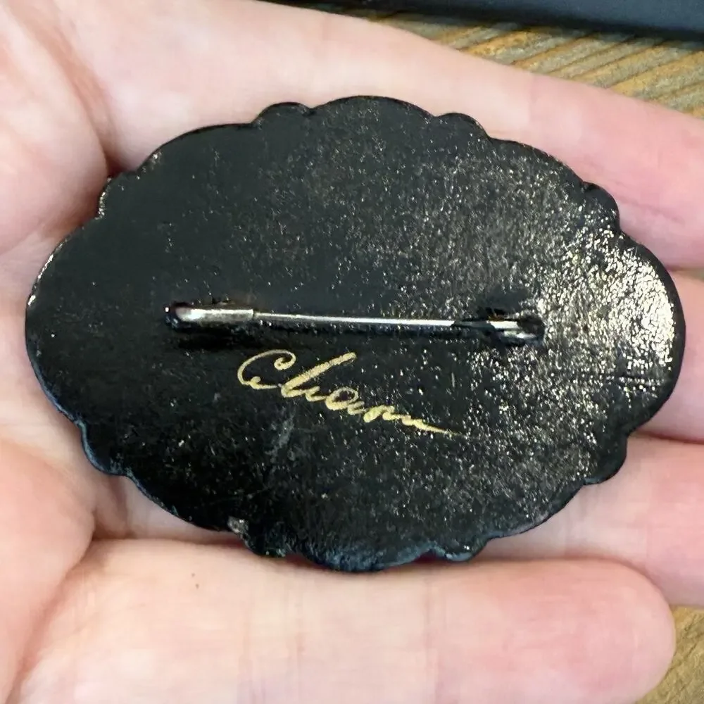 Russian Toleware Folk Art Black Flower Brooch Pin Hand Painted Signed